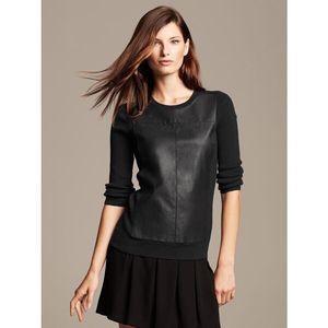 Banana Republic NWT Black Faux Leather Front Crew Neck Sweater Women’s Size S